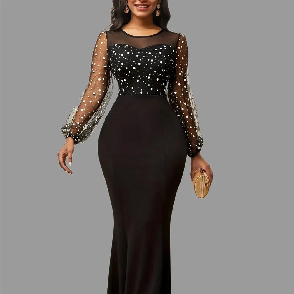 Round Neck Mesh Stitching Dress, Elegant Slim Long Sleeve Waist Long Dresses - Picture 2 of 5